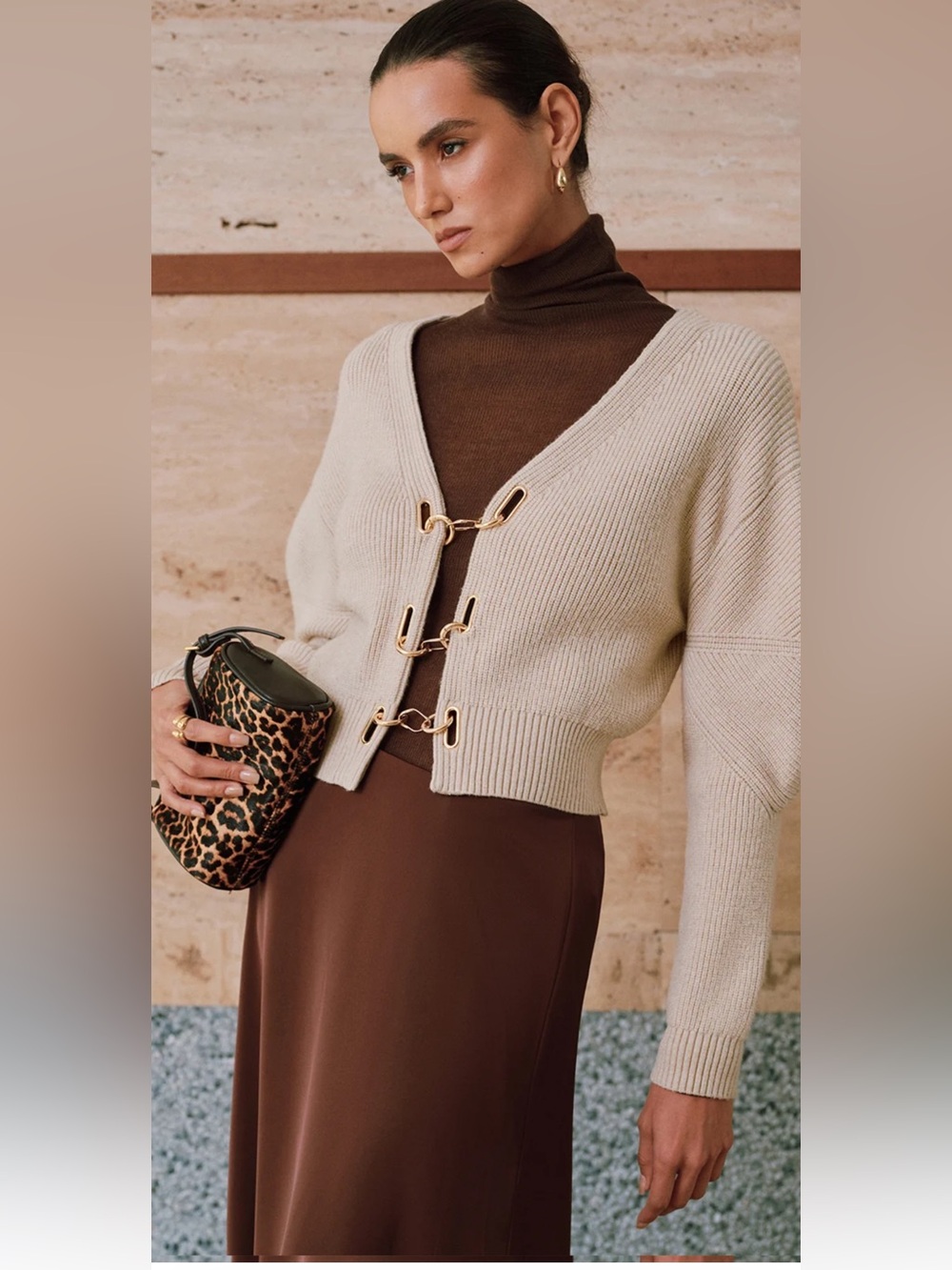 Commense Puff Sleeve Chain Closure Knit Cardigan